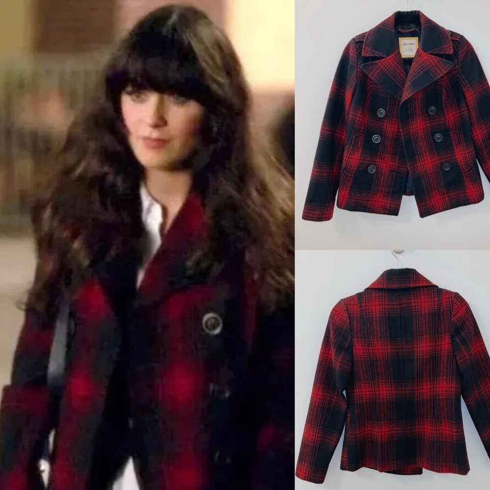 Old Navy Red & Navy Blue Plaid Peacoat Jacket XS